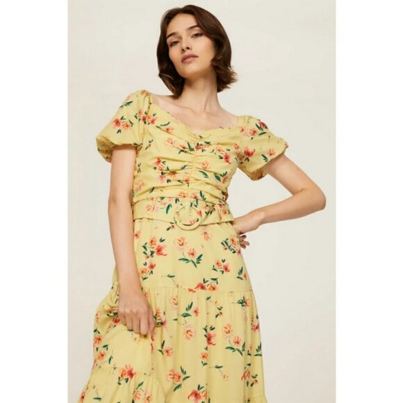 💕PALOMA BLUE💕 Evie Gathered Floral-Print Crepe Midi Dress Yellow Medium M NWOT - Picture 8 of 16